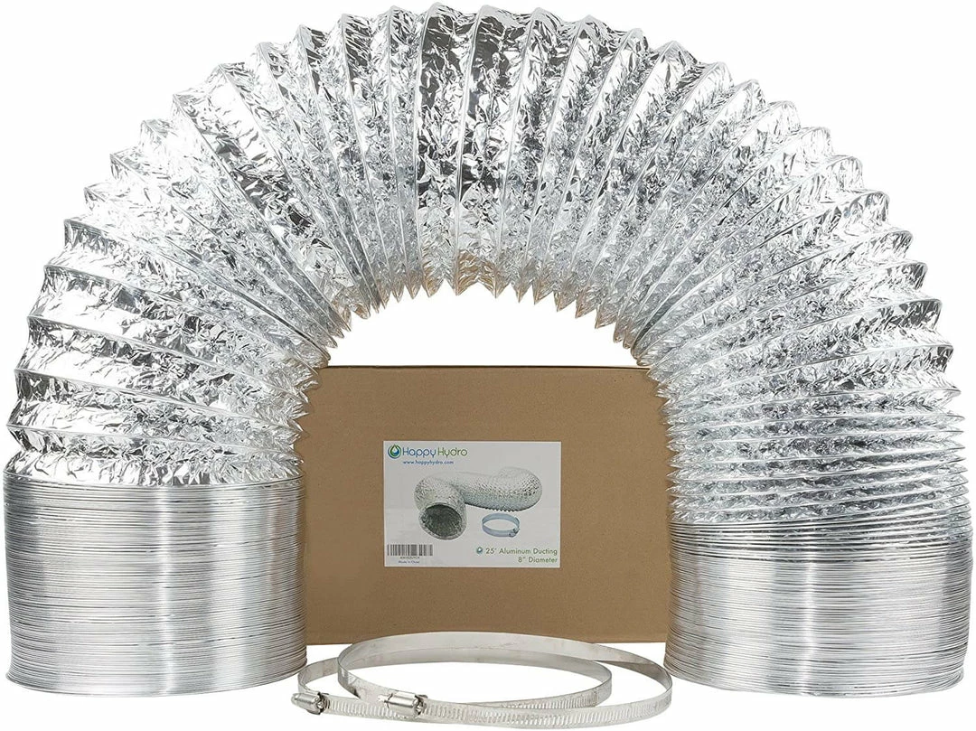 Hot Sale โ๏ธ Happy Hydro 8โ X 25โ HVAC Flex Duct Non-Insulated Venting Hose With 2 Worm Gear Clamps For Grow Room And Greenhouses ๐ 1 Happy Hydro 8โ X 25โ HVAC Flex Duct Non-Insulated Venting Hose With 2 Worm Gear Clamps For Grow Room And Greenhouses