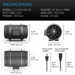 AC Infinity Your Grow Room Cloudline S8 Inline Duct Fan W/ Adjustable Speed Controller – 8 Inch