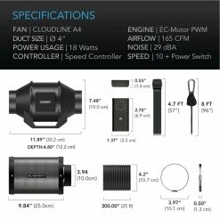 Your Grow Room AC Infinity | Air Filtration Kit | Cloudline Lite Inline Fan, Carbon Filter, Ducting | 4-Inch
